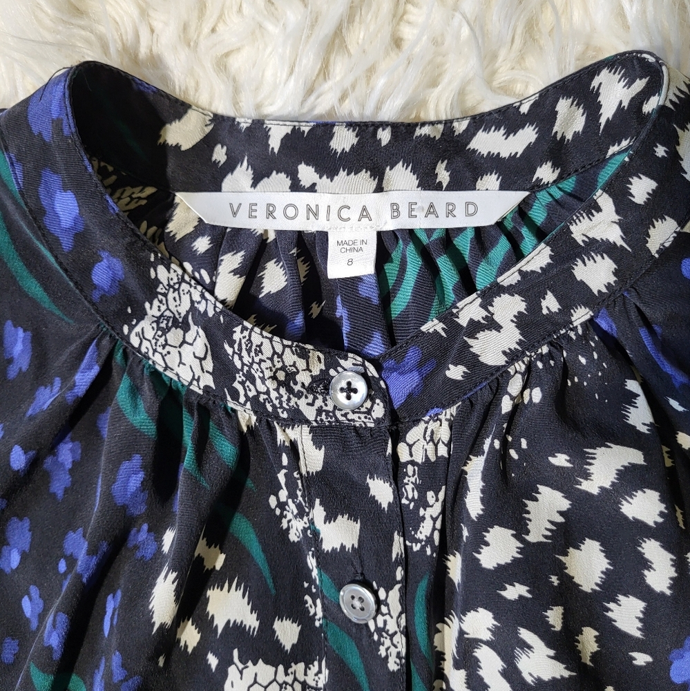 Veronica Beard Stretch Silk Blouse Buckley Black, Green and Blue Animal Print 8 - Picture 7 of 16